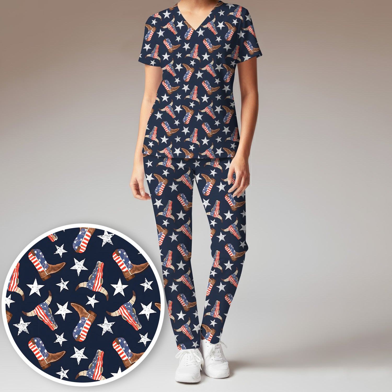 Western Boots Stars Pattern Scrub Set, Scrub Pants and V Neck Top