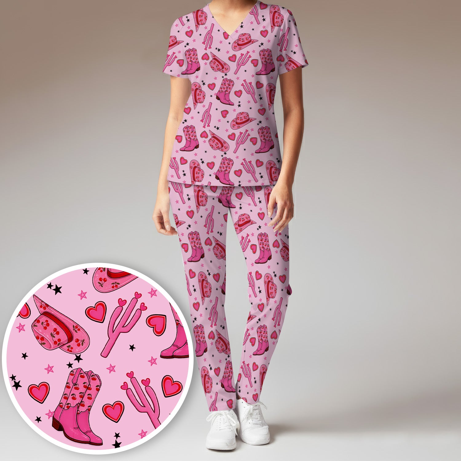 Pink Cowgirl Western Boots Hat Pattern Scrub Set, Scrub Pants and V Neck Top