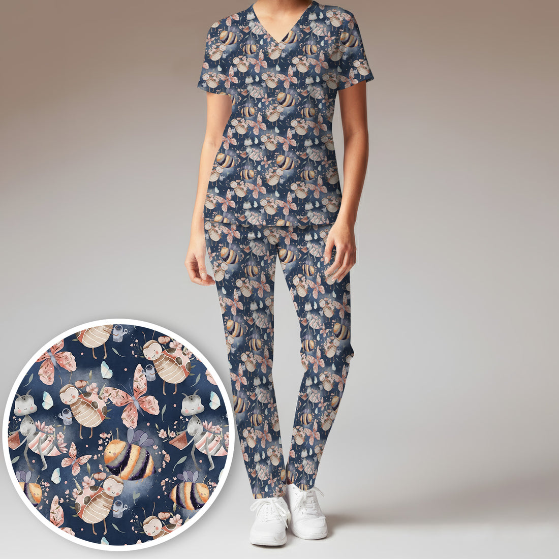 Cute Whimsical Bee Fairy Garden Pattern Scrub Set, Scrub Pants and V Neck Top