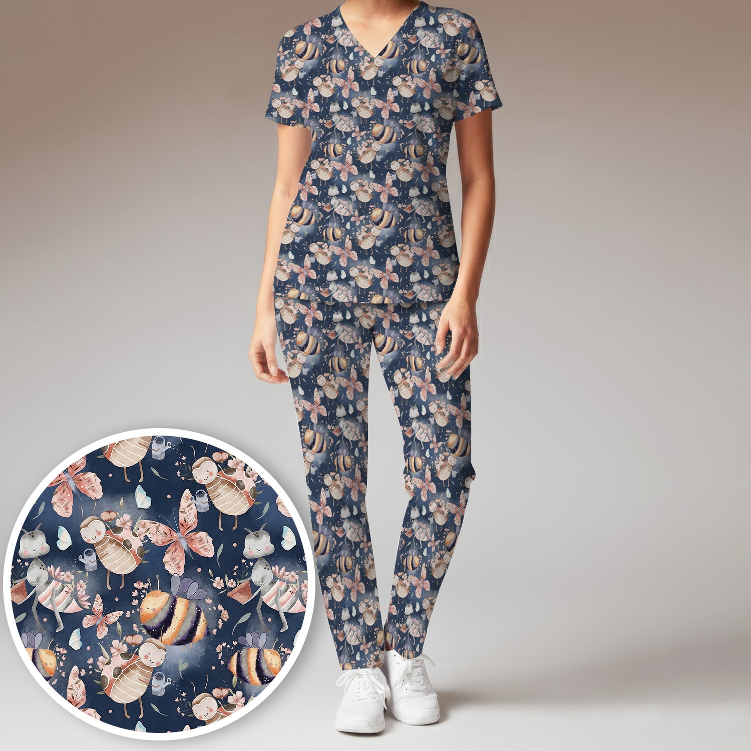 Cute Whimsical Bee Fairy Garden Pattern Scrub Set, Scrub Pants and V Neck Top