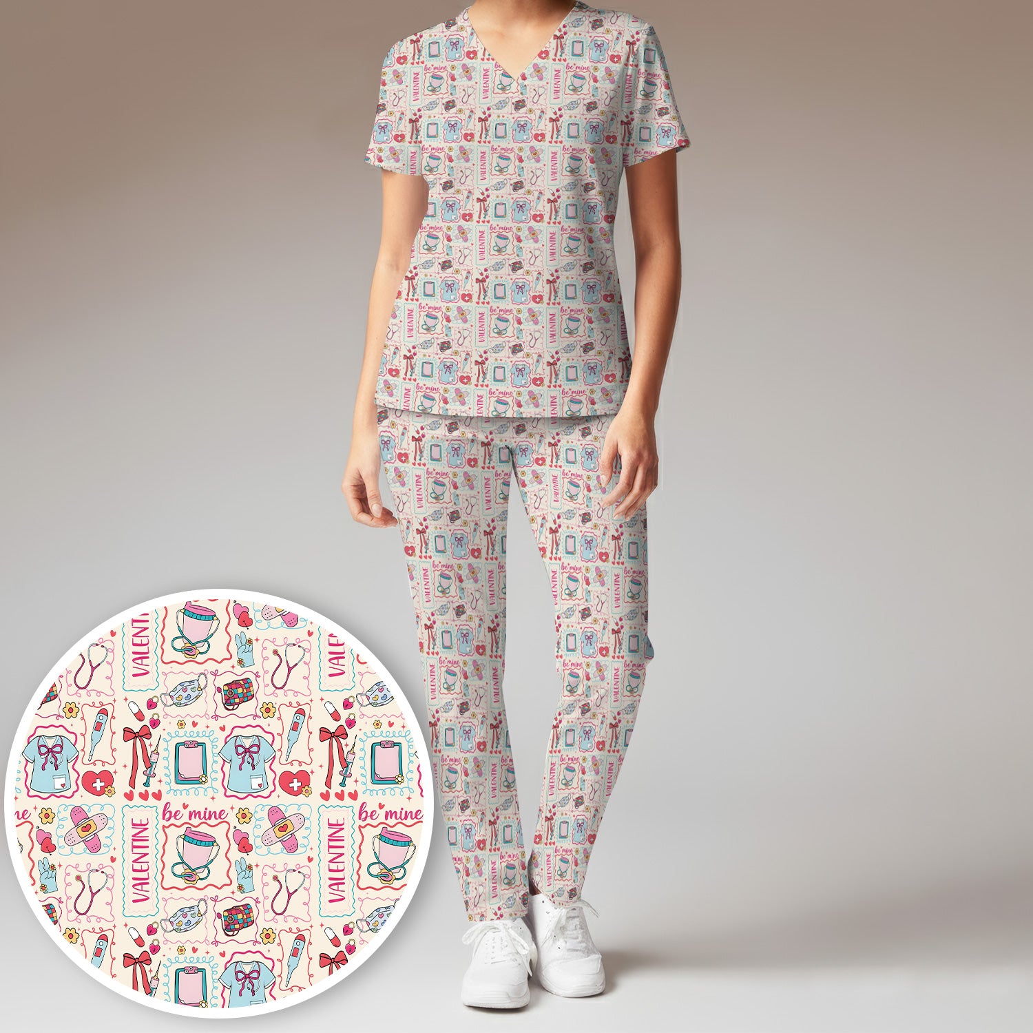 Valentine Medical Hearts Bandages Syringes Scrub Set, Breathable Med Uniform