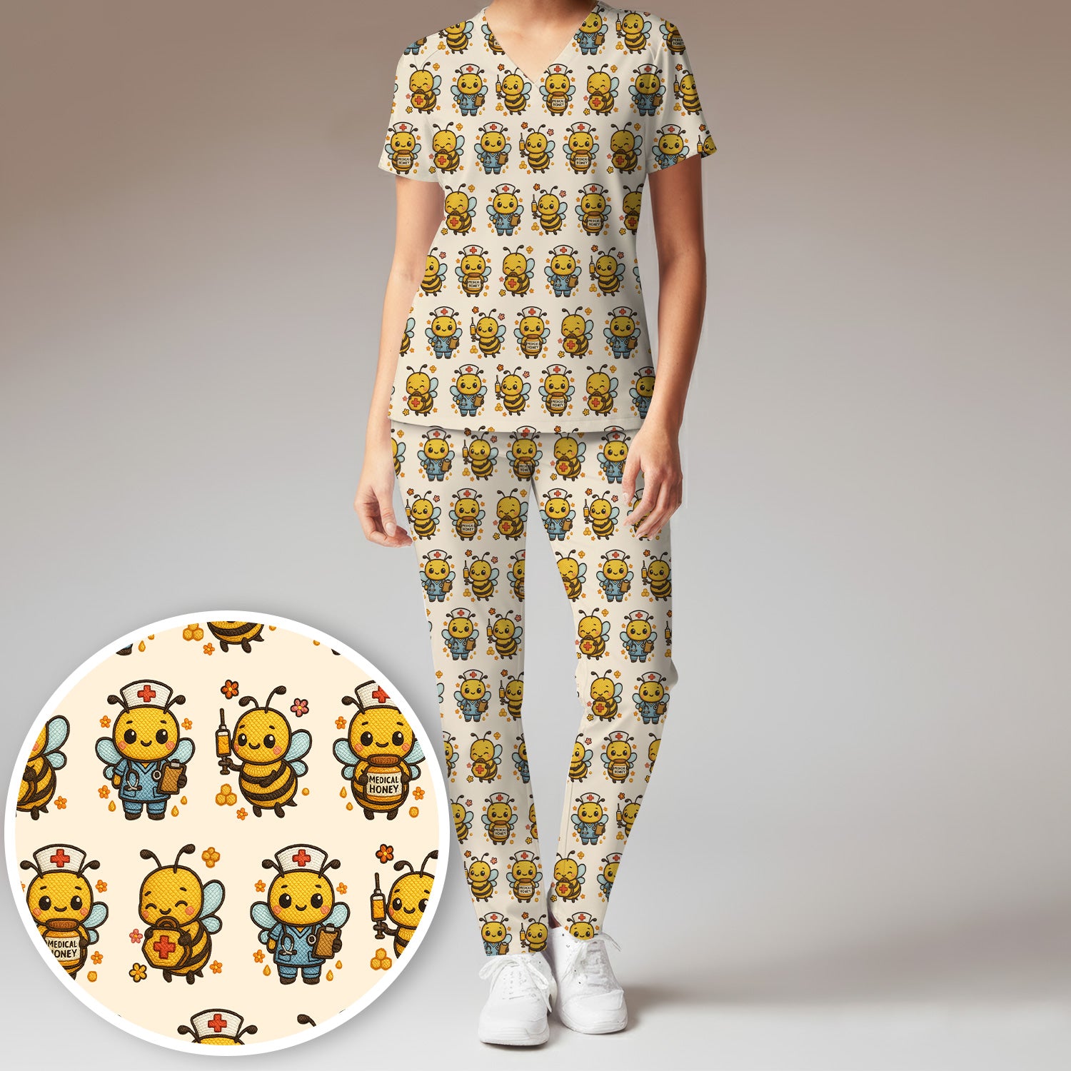 Cute Nurse Bee Scrub Set, Kawaii Medical Honey Bee Pattern Shirt for Nursing Professionals