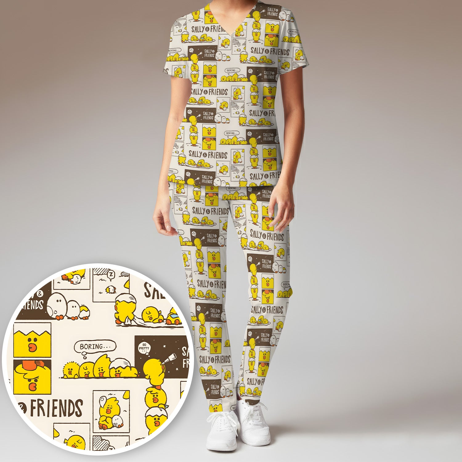 Cute Cartoon Chick Comic Pattern Scrub Set, Scrub Pants and V Neck Top