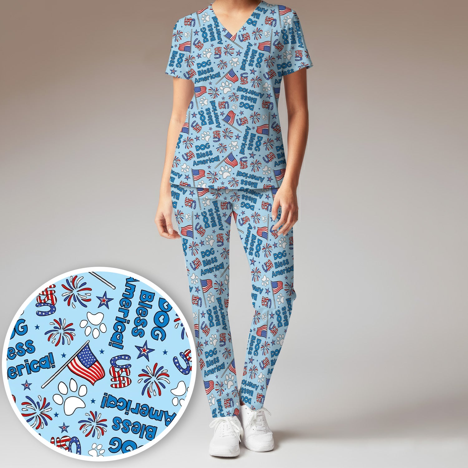 Funny Patriotic Dog Bless America Flag Pattern Scrub Set, Scrub Pants and V Neck Top