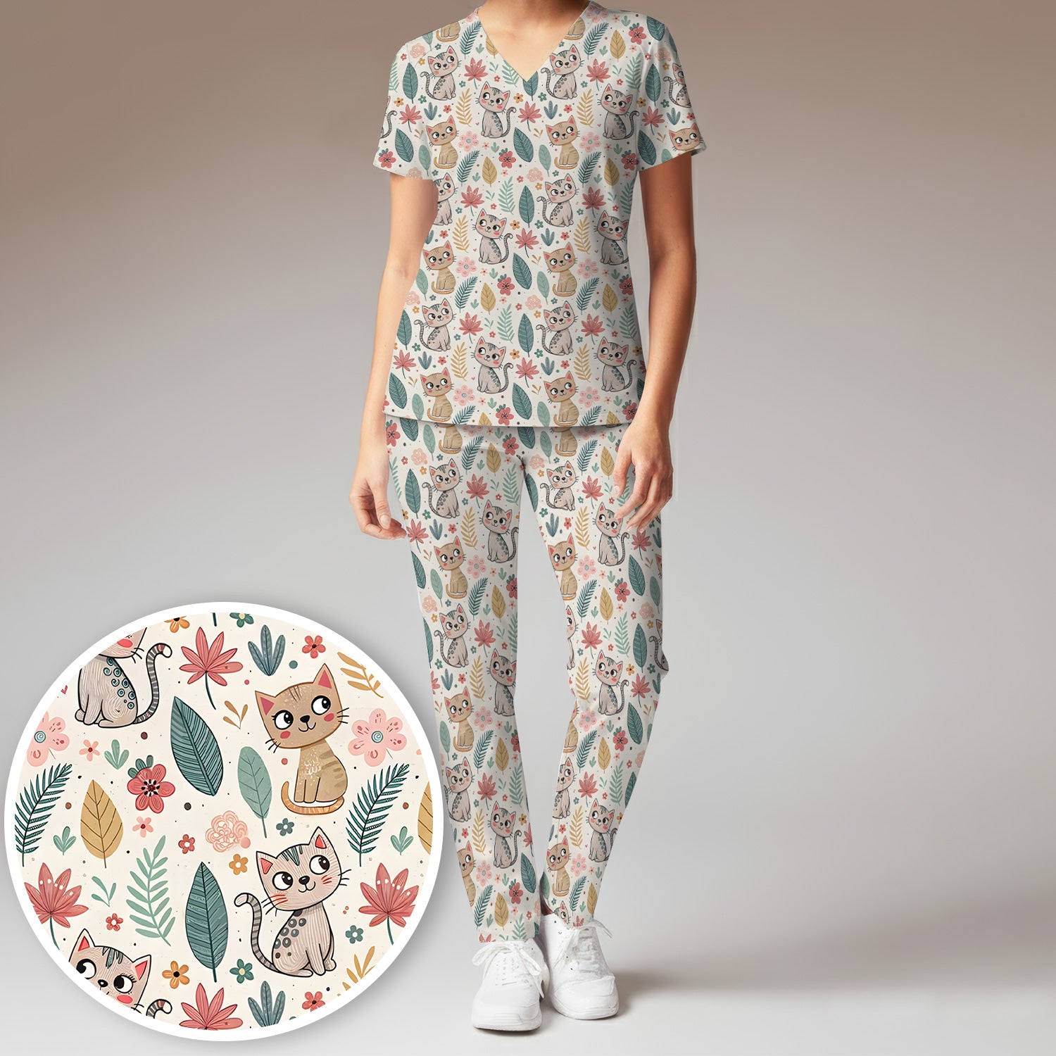Cute Cartoon Cat Floral Leaf Pattern Scrub Set, Scrub Pants and V Neck Top