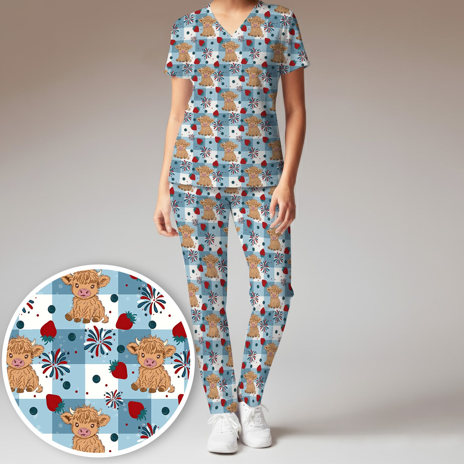 Highland Cow Strawberry Firework Gingham Pattern Scrub Set, Scrub Pants and V Neck Top