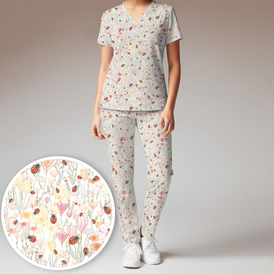 Cute Nurse Wildflower Ladybug Garden Pattern Scrub Set, Scrub Pants and V Neck Top