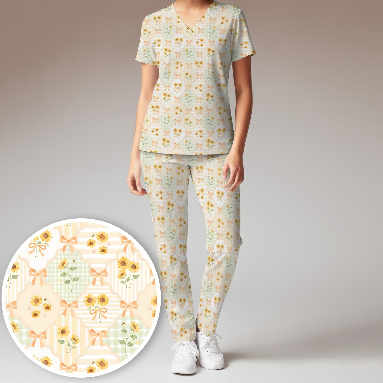 Cute Sunflower Ribbon Patchwork Pattern Scrub Set, Scrub Pants and V Neck Top