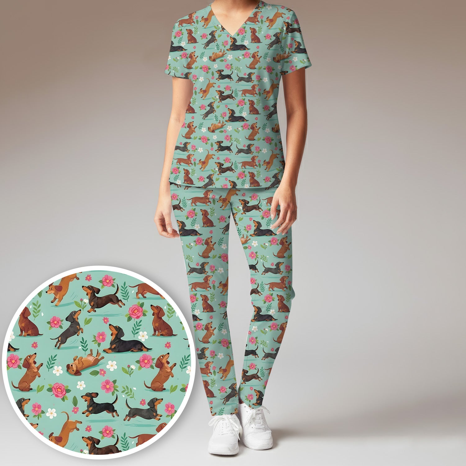 Cute Floral Dachshund Puppy Pattern Scrub Set, Scrub Pants and V Neck Top