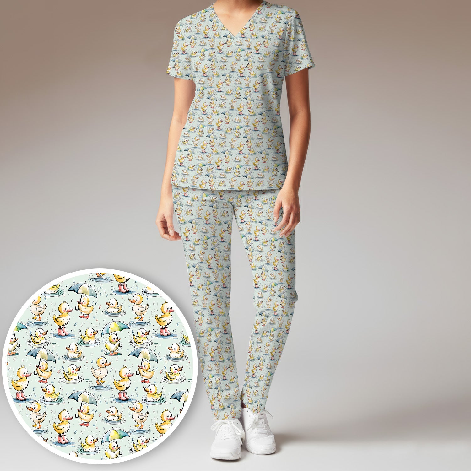 Playful Duck Rain Umbrella Print Women's Scrub Set, Breathable Med Uniform