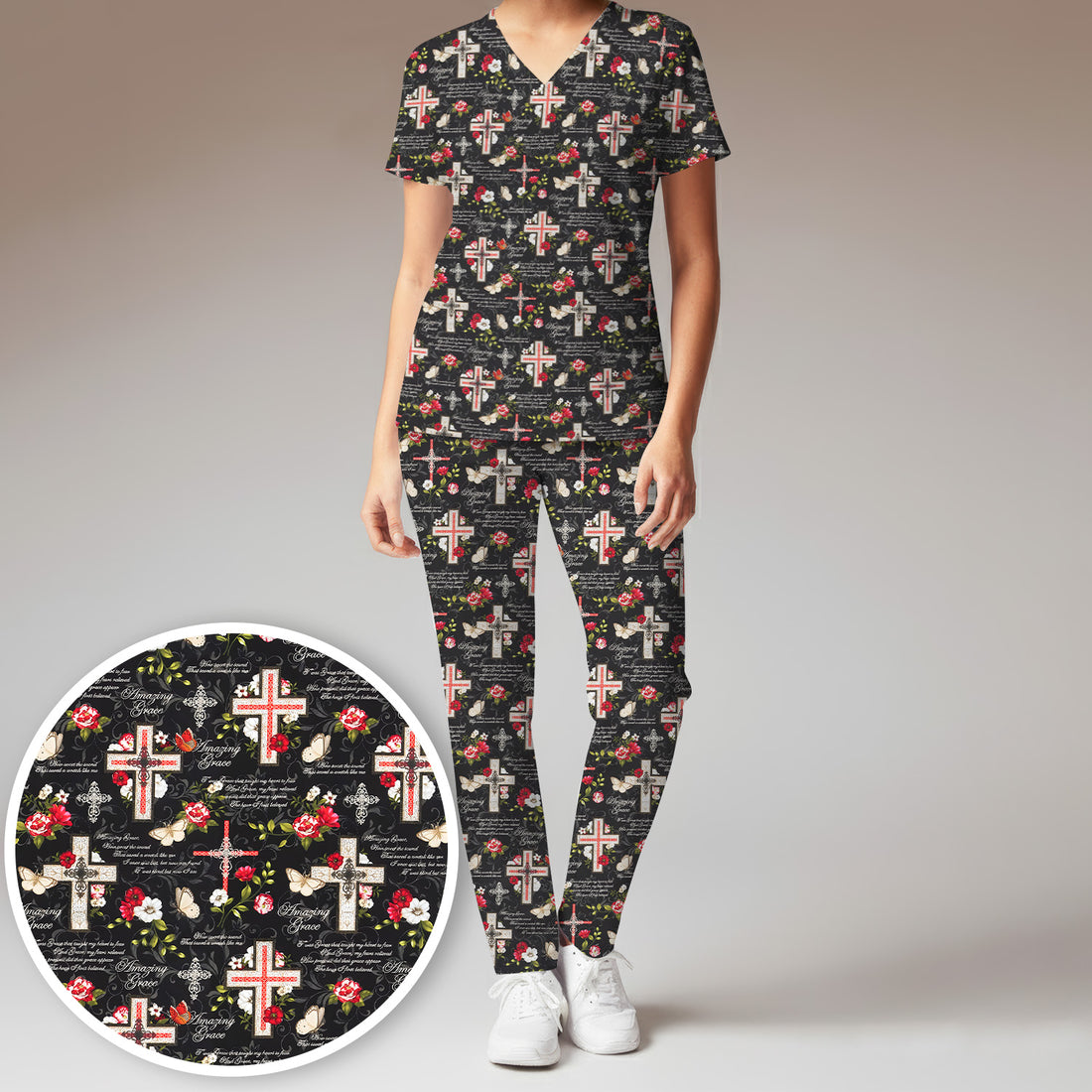 Christian Cross Roses And Butterflies Print Scrub Set, Scrub Pants and V Neck Top