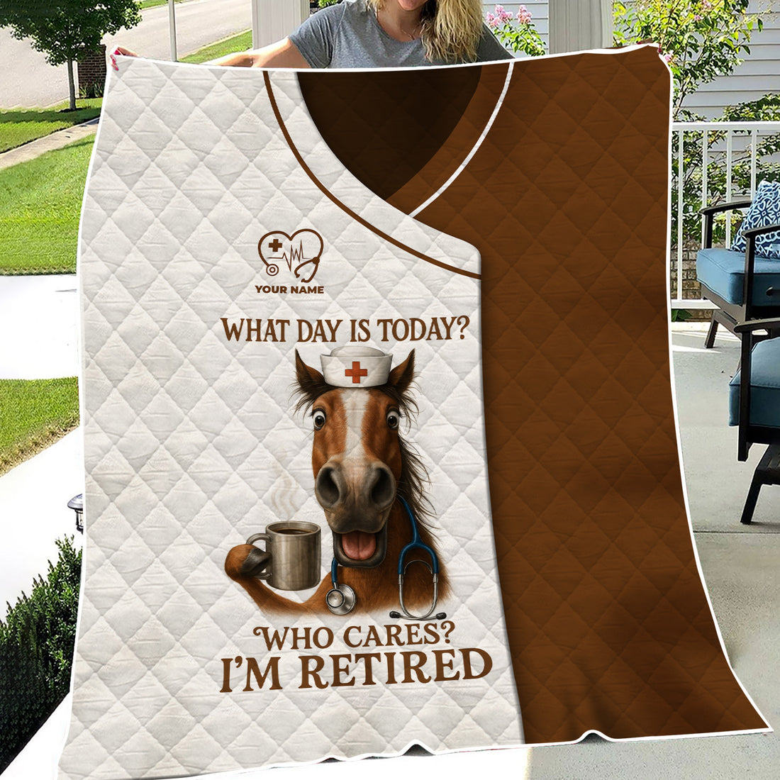 Funny Nurse Retirement Blanket - What Day Is Today? Who Cares I‰Ûªm Retired - Gift for Retired RN LPN with Horse & Coffee Design
