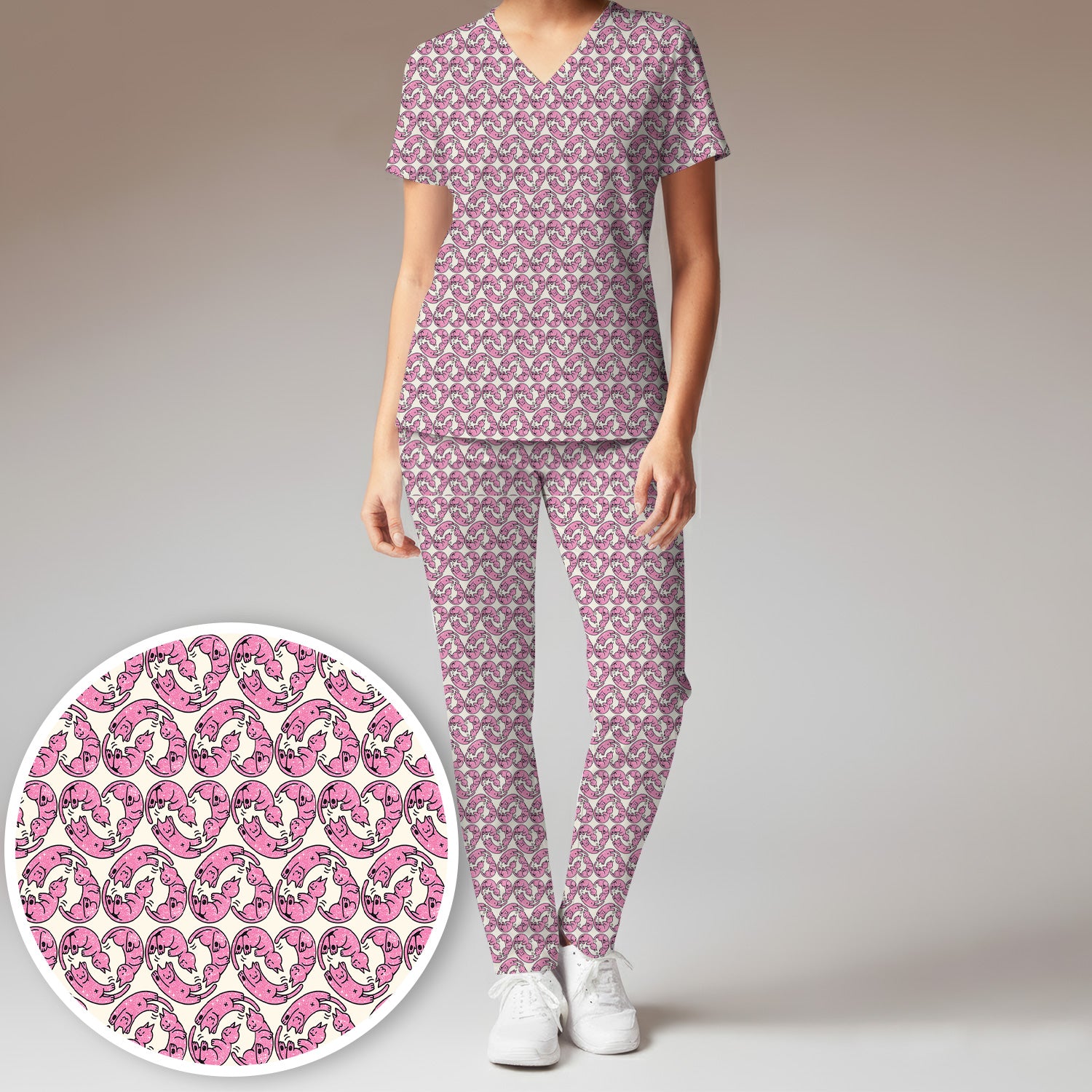 Cute Pink Cat Cartoon All Over Print Set, Women’s Scrub Sets