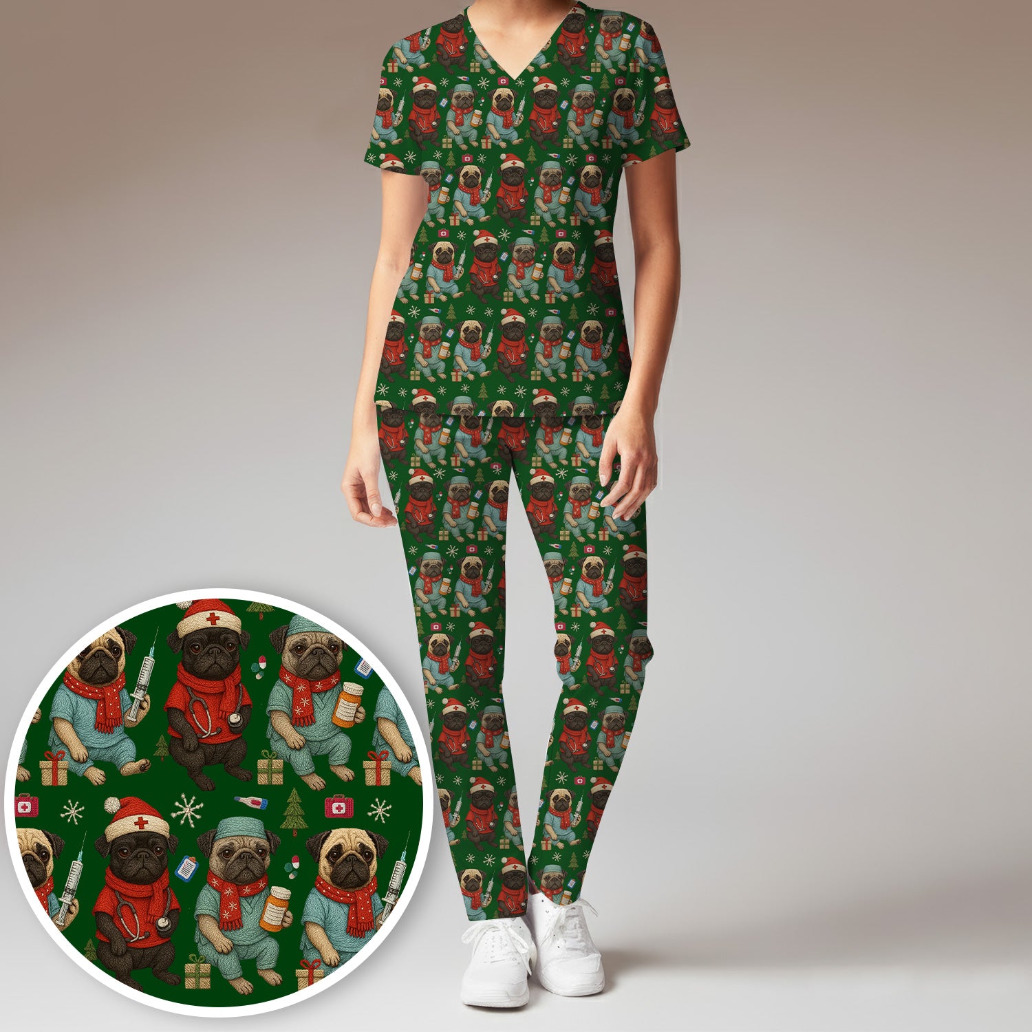 Christmas Pug Nurse Scrub Set, Cute Holiday Dog Medical Uniform Shirt For Nursing