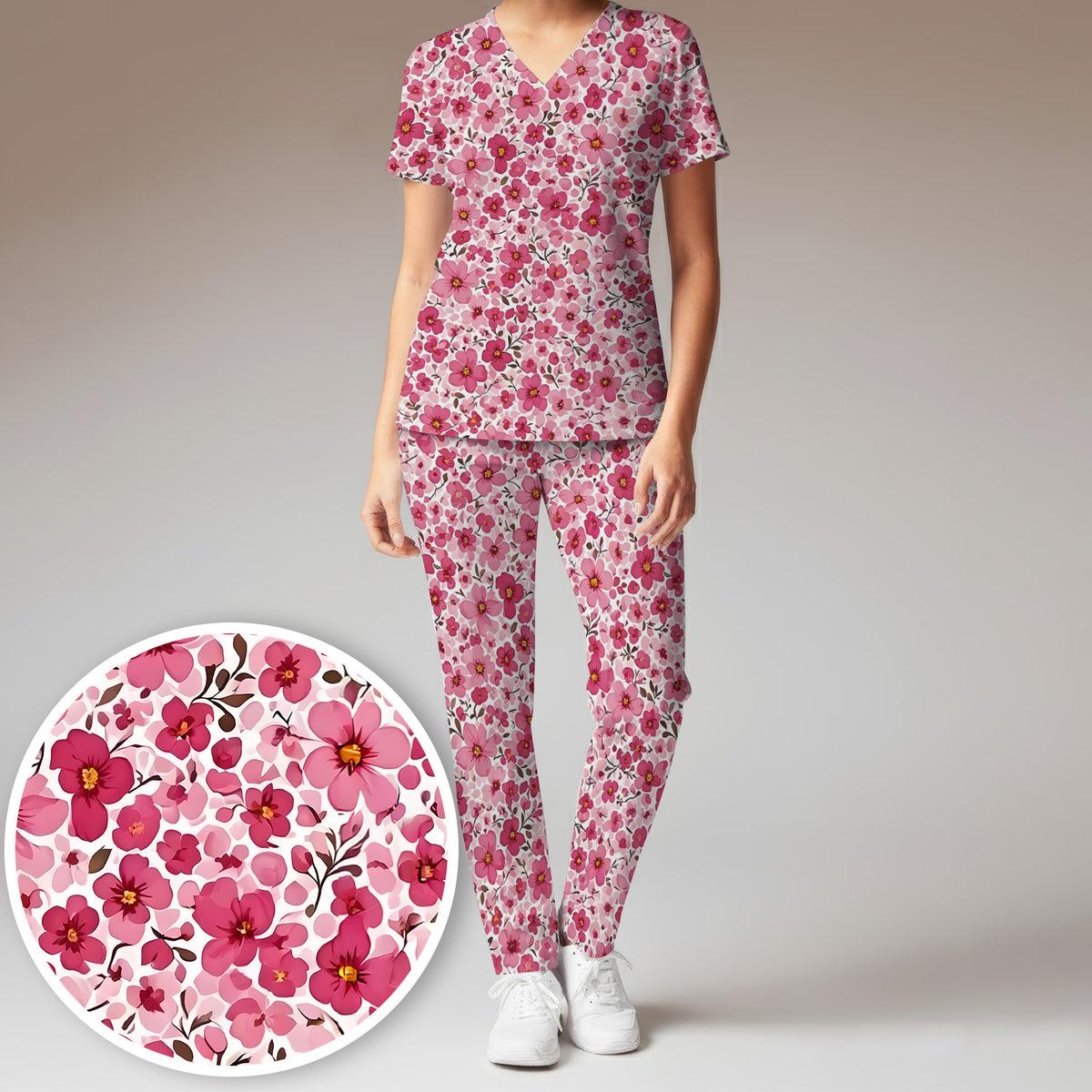 Pink Srub Pink Cherry Blossom Floral Pattern Scrub Set, Scrub Pants and V Neck T ...