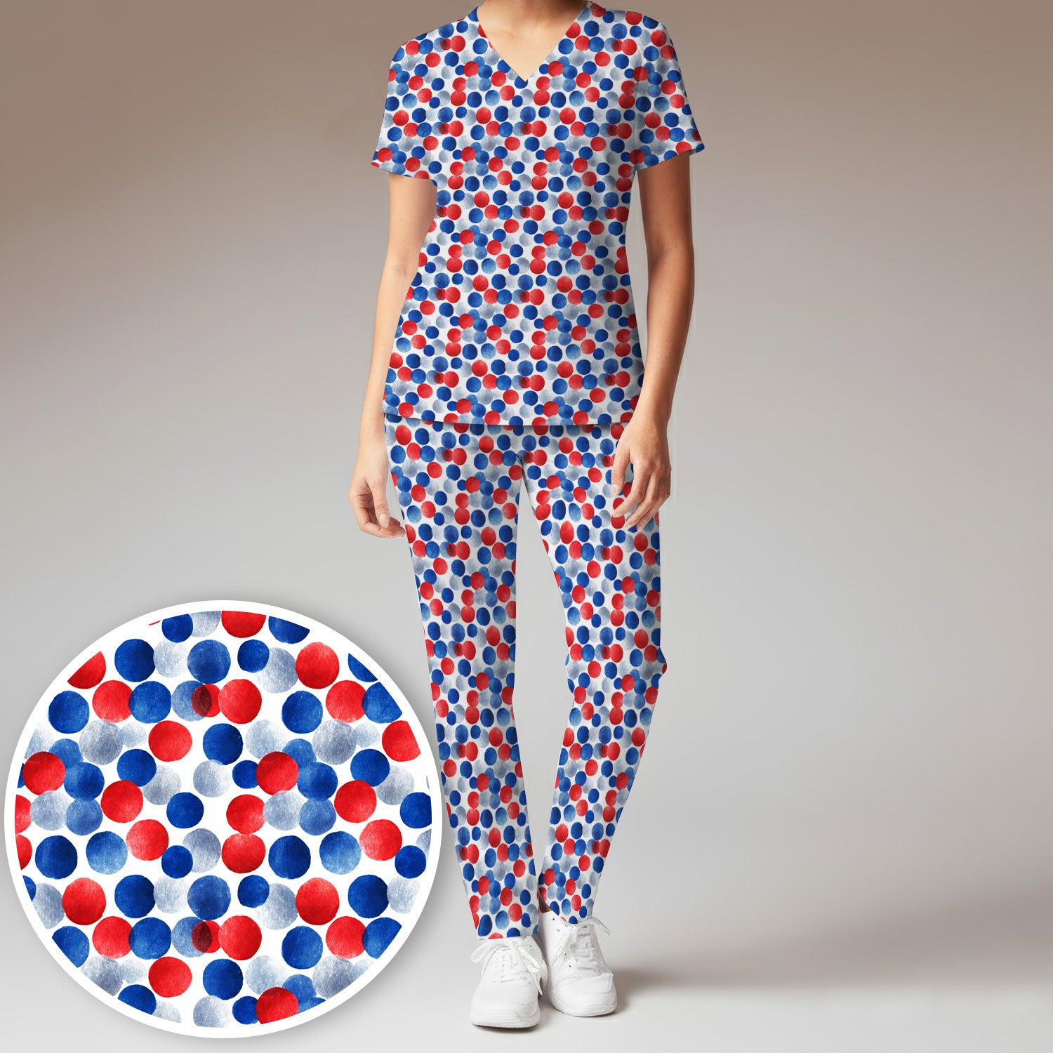 4th of July Patriotic Polka Dot Pattern Scrub Set, Scrub Pants and V Neck Top