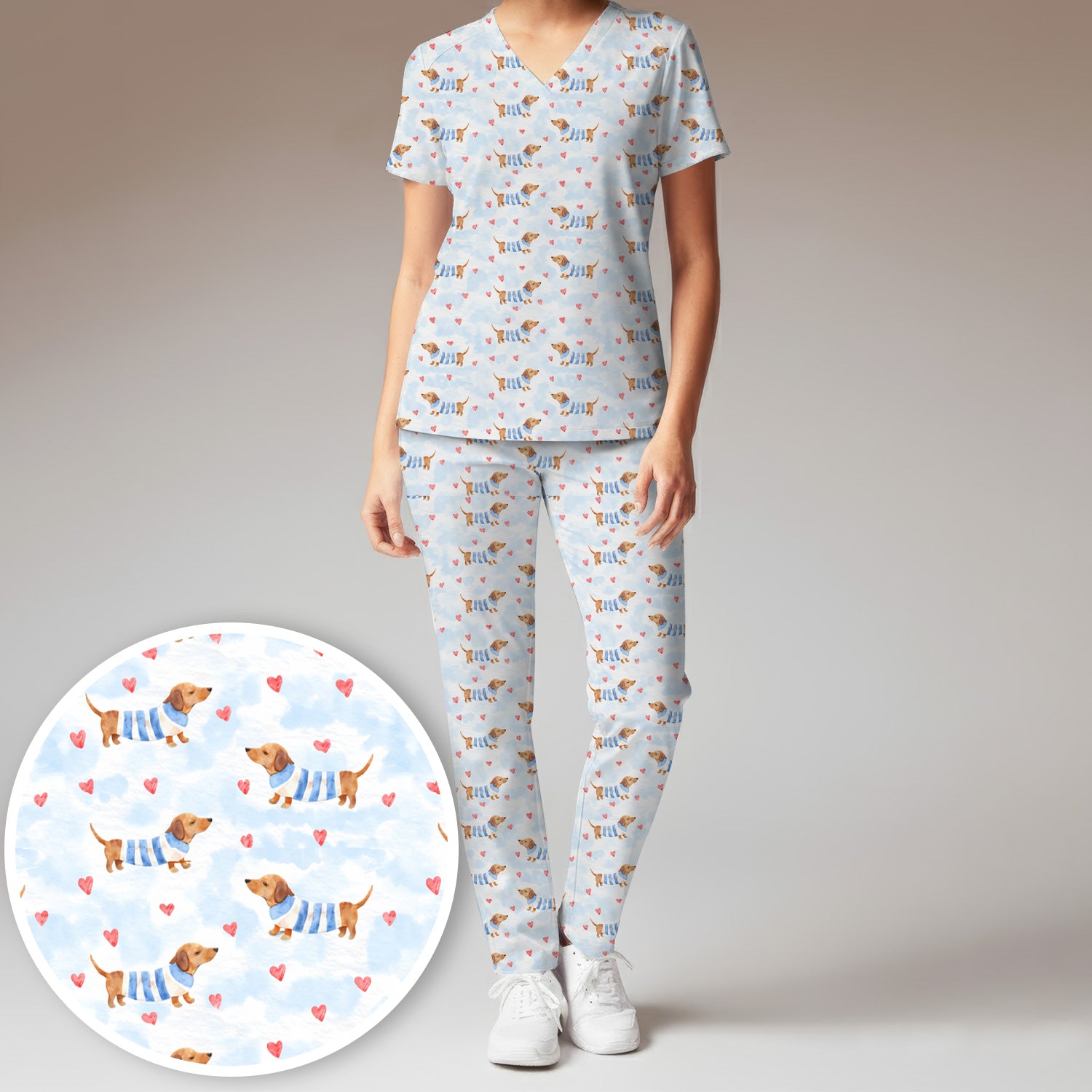 Sweet Dachshund And Pink Hearts Print Scrub Set, Scrub Pants and V Neck Top
