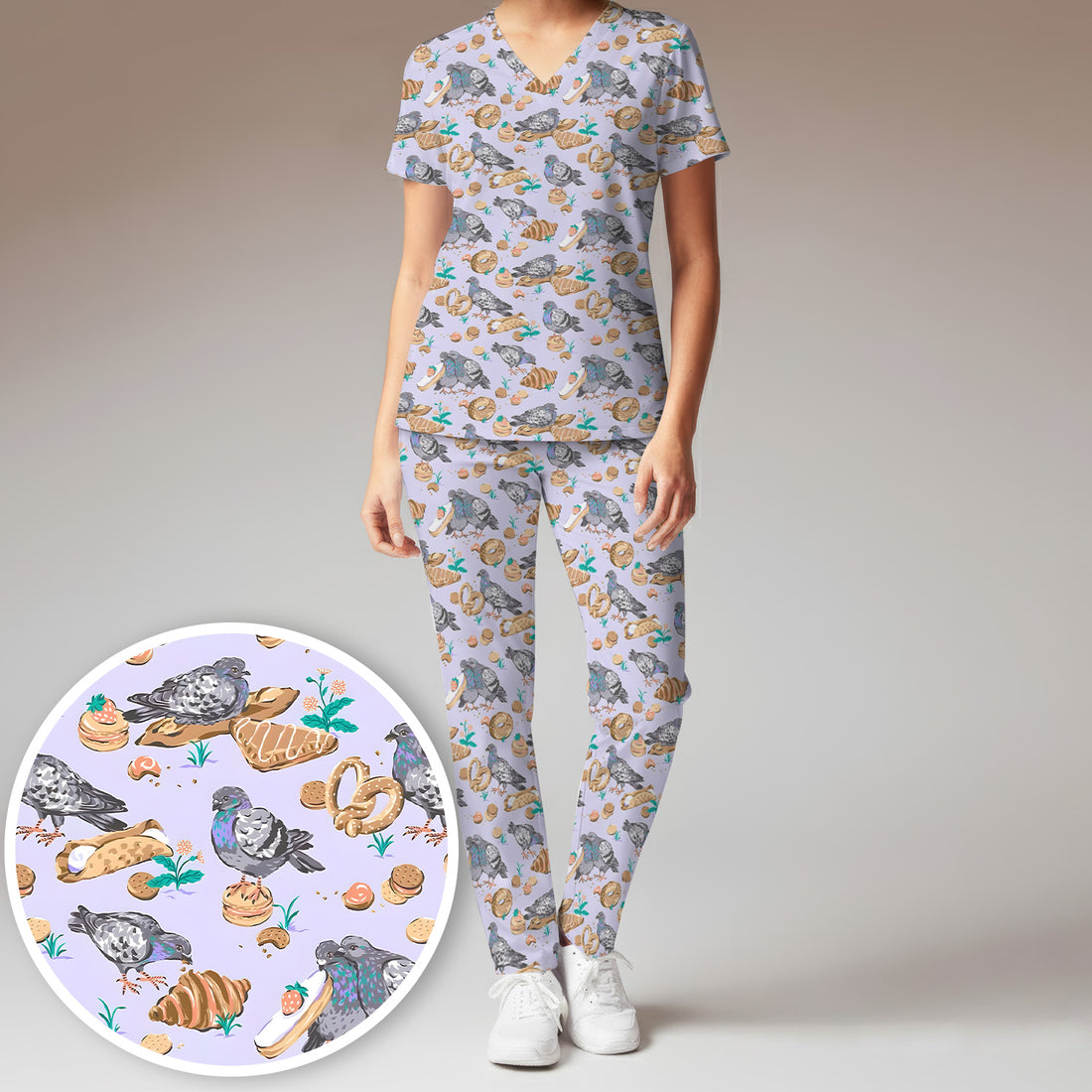 Funny Pigeon Bread Snack Nurse Pattern Scrub Set, Scrub Pants and V Neck Top
