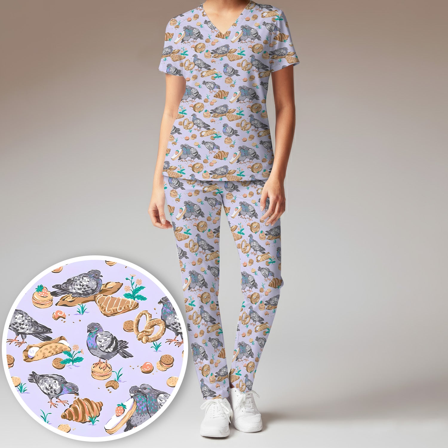 Funny Pigeon Bread Snack Nurse Pattern Scrub Set, Scrub Pants and V Neck Top