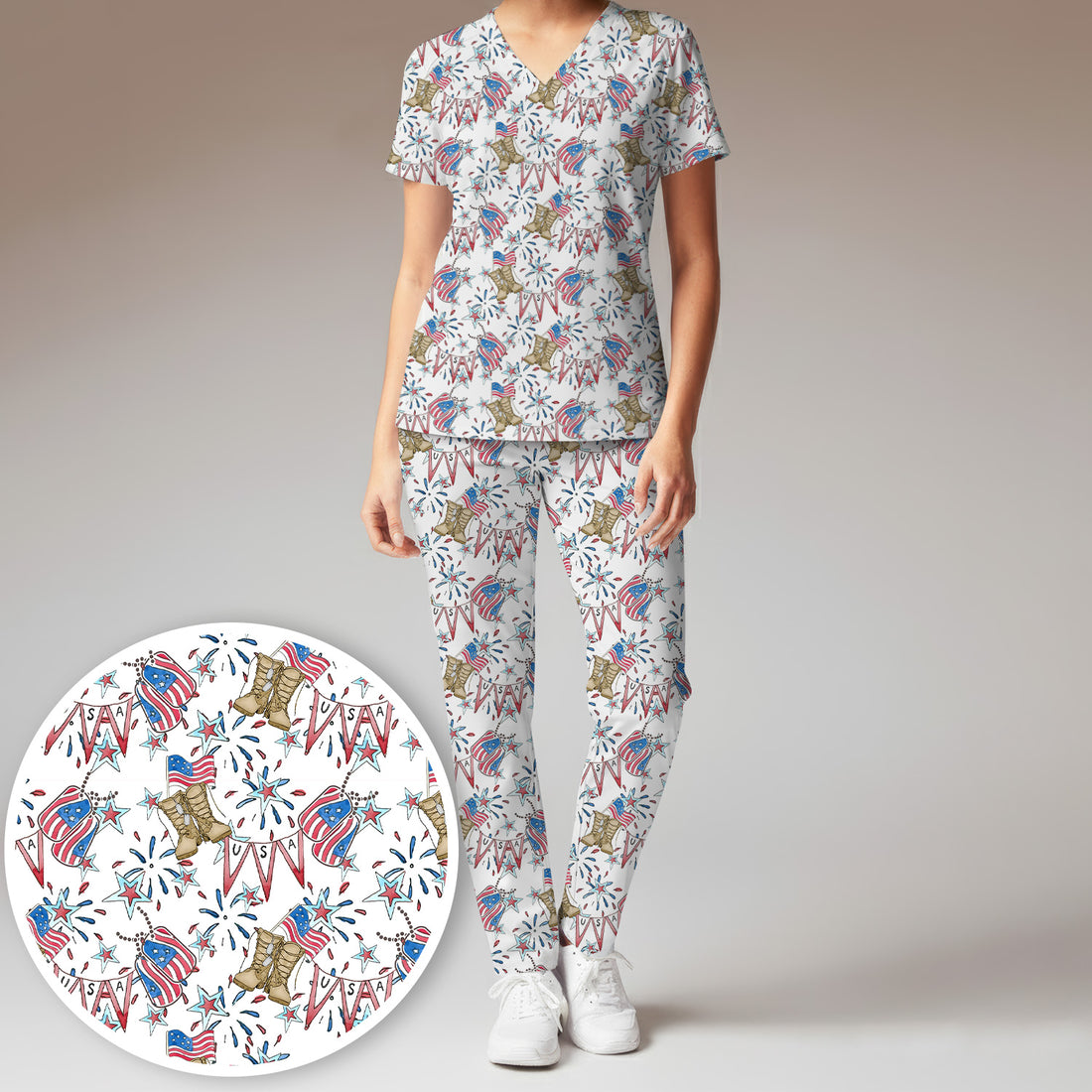 USA Boots Banner Pattern Scrub Set, Scrub Pants and V Neck Top