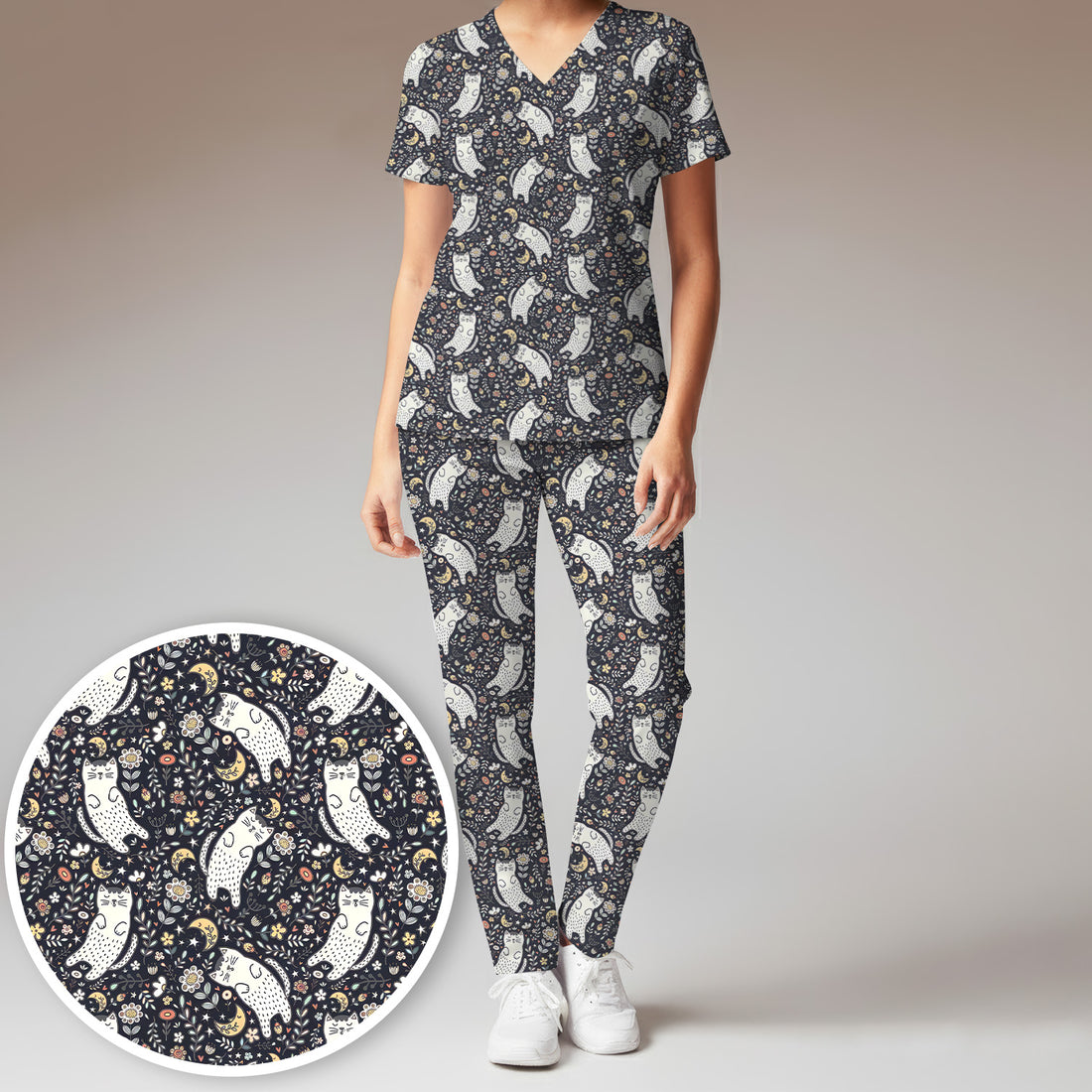 Moonlit Floral Cat Seamless Pattern Scrub Set, Scrub Pants and V Neck Top