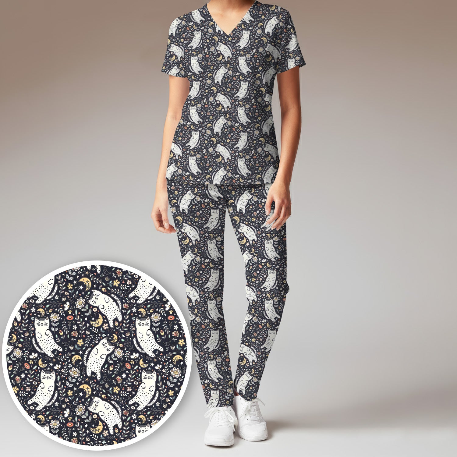 Moonlit Floral Cat Seamless Pattern Scrub Set, Scrub Pants and V Neck Top