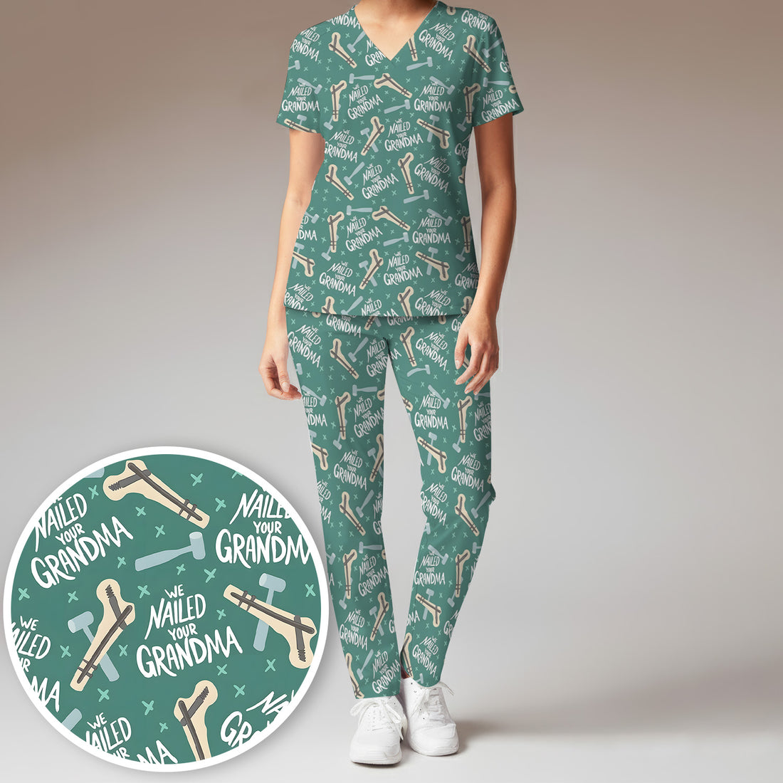 Funny Orthopedic Bone Hammer We Nailed Your Grandma Pattern Scrub Set, Scrub Pants and V Neck Top