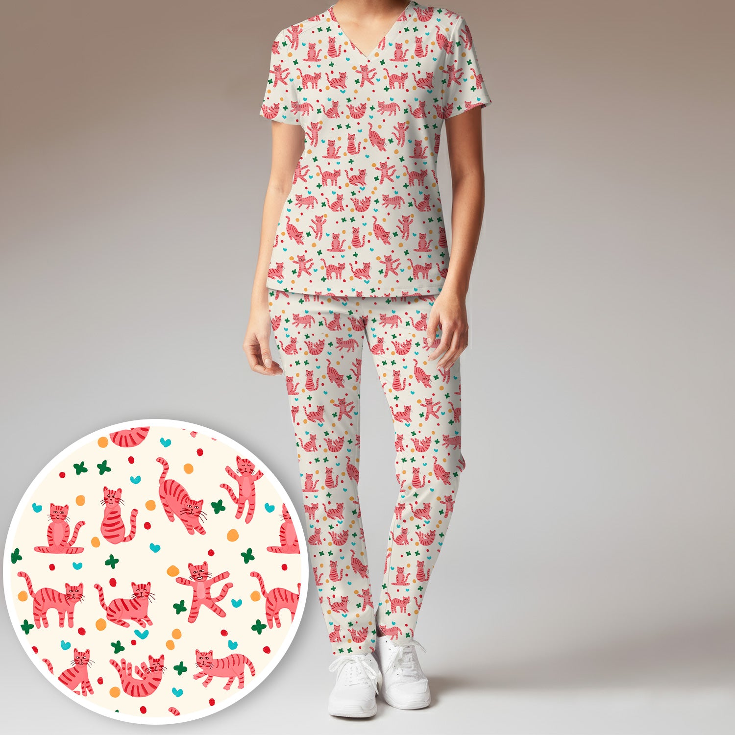 Cute Pink Cat Pattern Women's Scrub Sets, Scrub Pants and V Neck Top