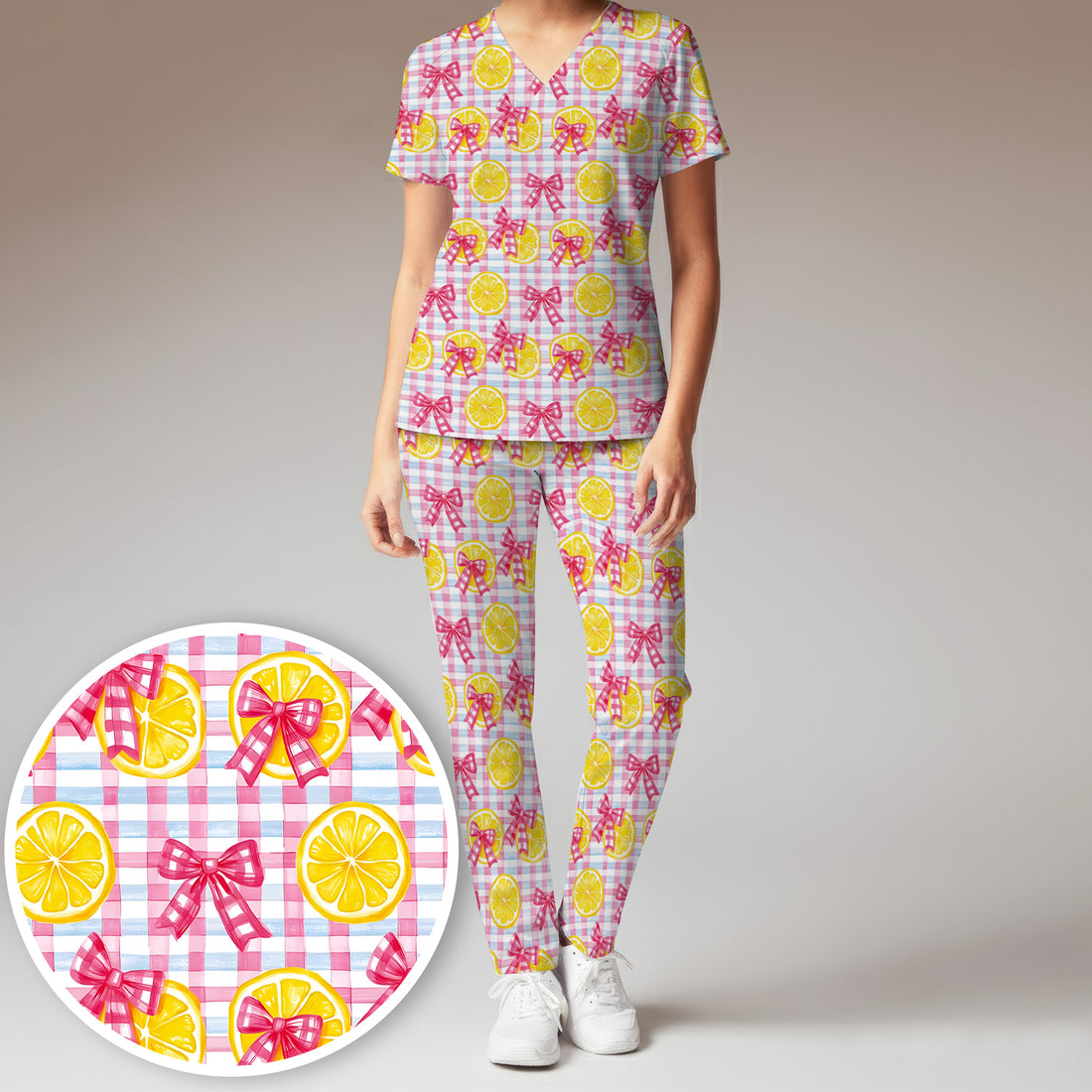 Cute Lemon Slice Pink Bow Gingham Pattern Scrub Set, Scrub Pants and V Neck Top