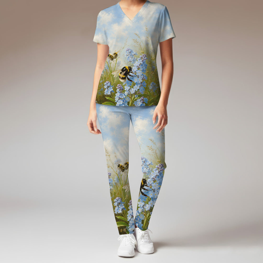 Whimsical Bumblebee Blue Blossom Pattern Scrub Set, Scrub Pants and V Neck Top