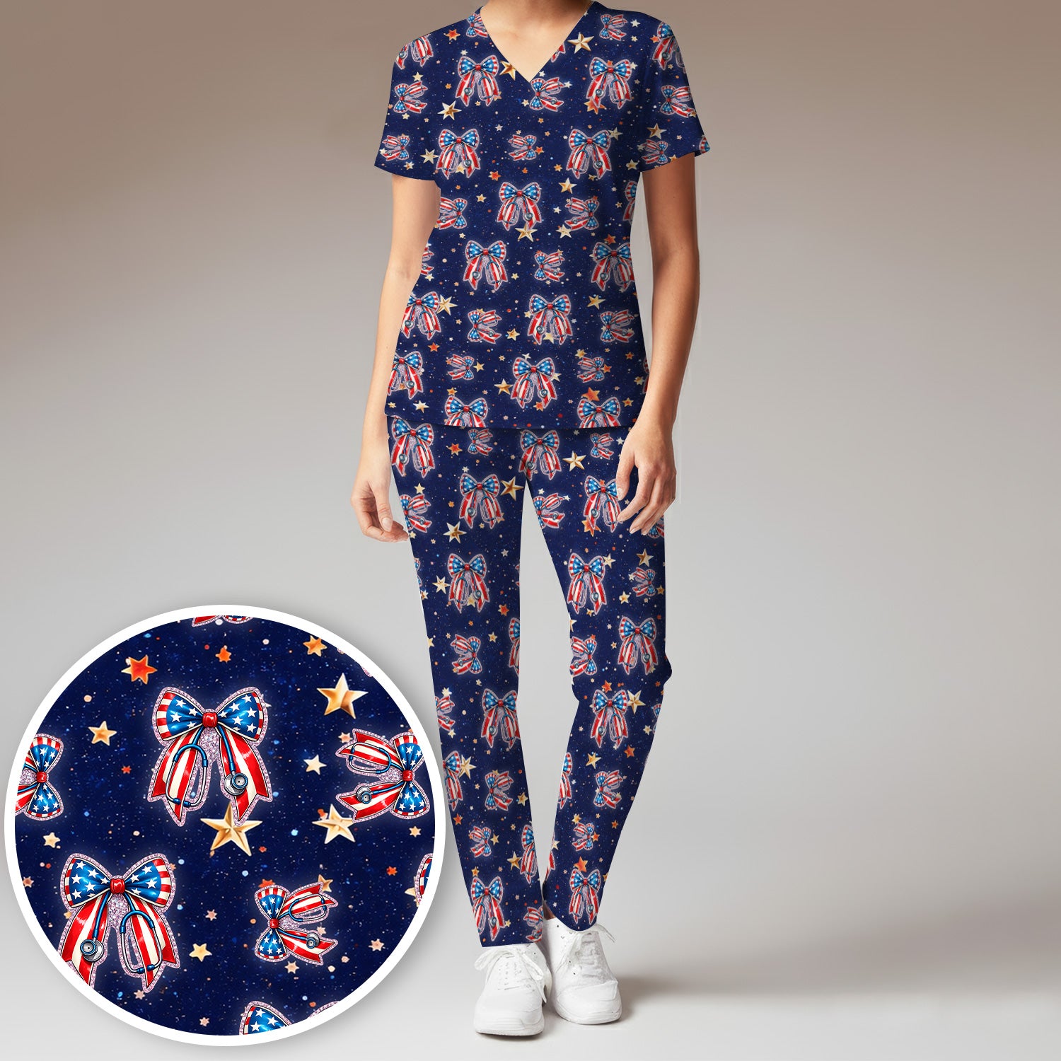 Patriotic Bow Star Print Women's Scrub Set, Breathable Med Uniform