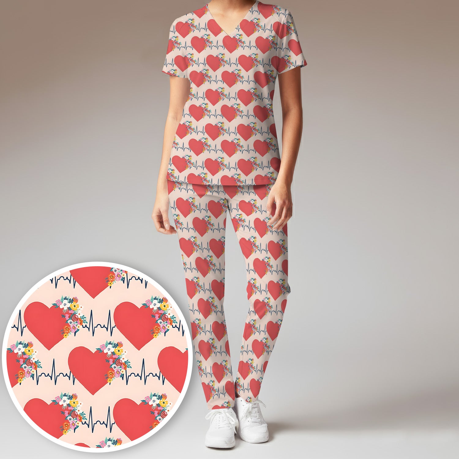 Nurse Heartbeat Floral Pattern Scrub Set, Scrub Pants and V Neck Top