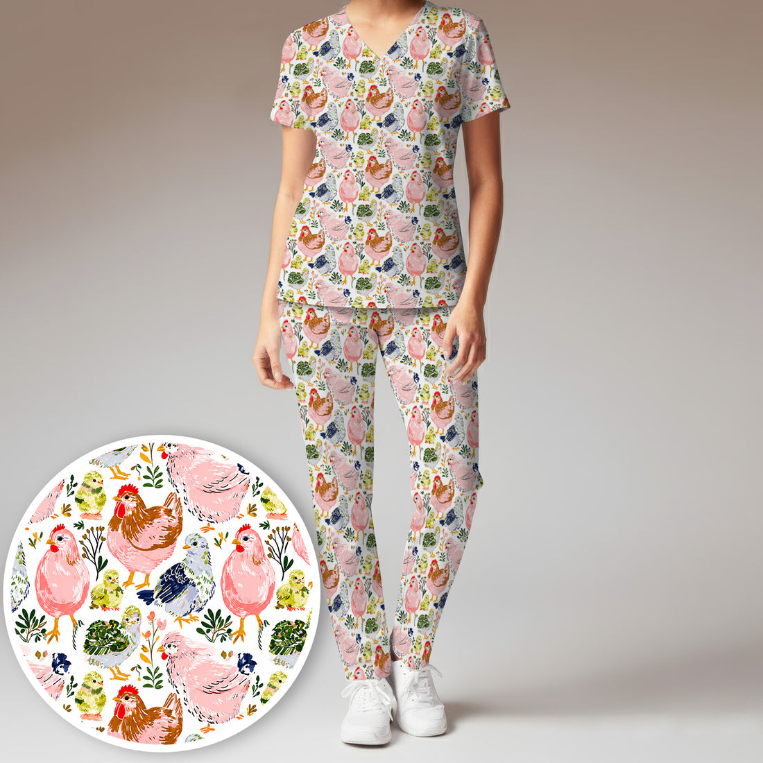 Cute Farm Chicken Hen Chick Pattern Scrub Set, Scrub Pants and V Neck Top