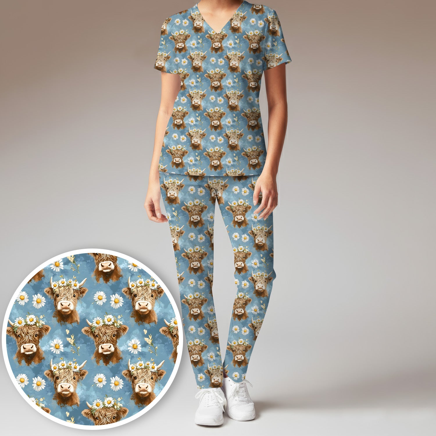 Highland Cow Daisy Flower Pattern Scrub Set, Scrub Pants and V Neck Top