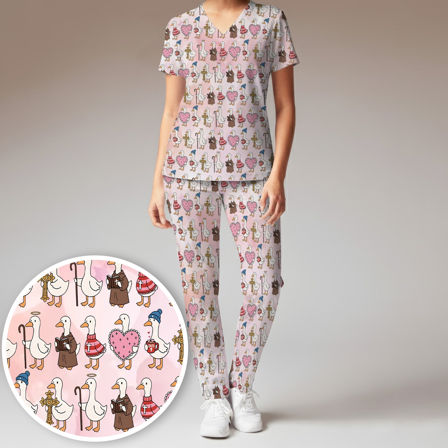 Goose Valentine Heart Illustration Design Scrubs Set, Breathable Med Uniform
