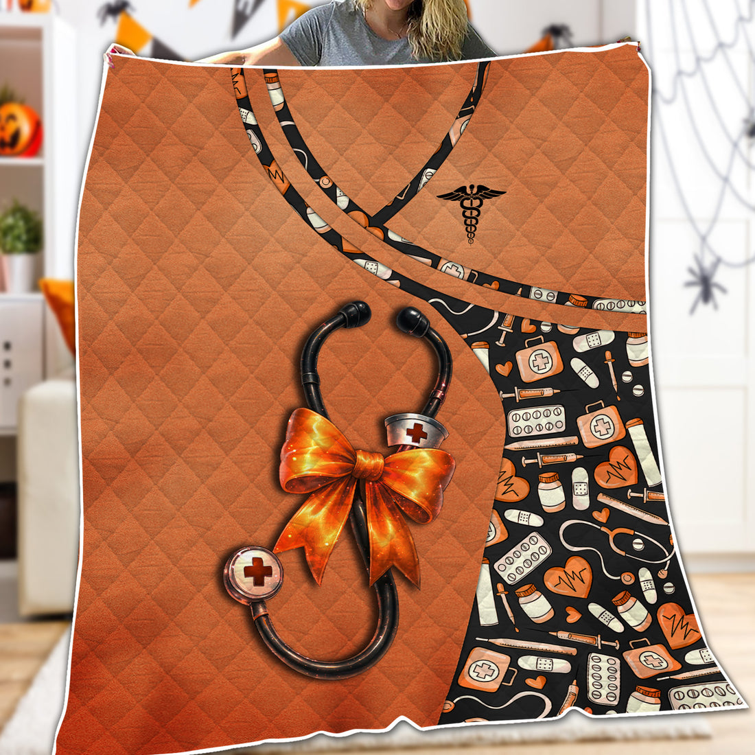 Personalized Funny Nurse Fall Throw Blanket - Medical Pattern & Stethoscope Bow Design - Halloween Gift for RN LPN CNA