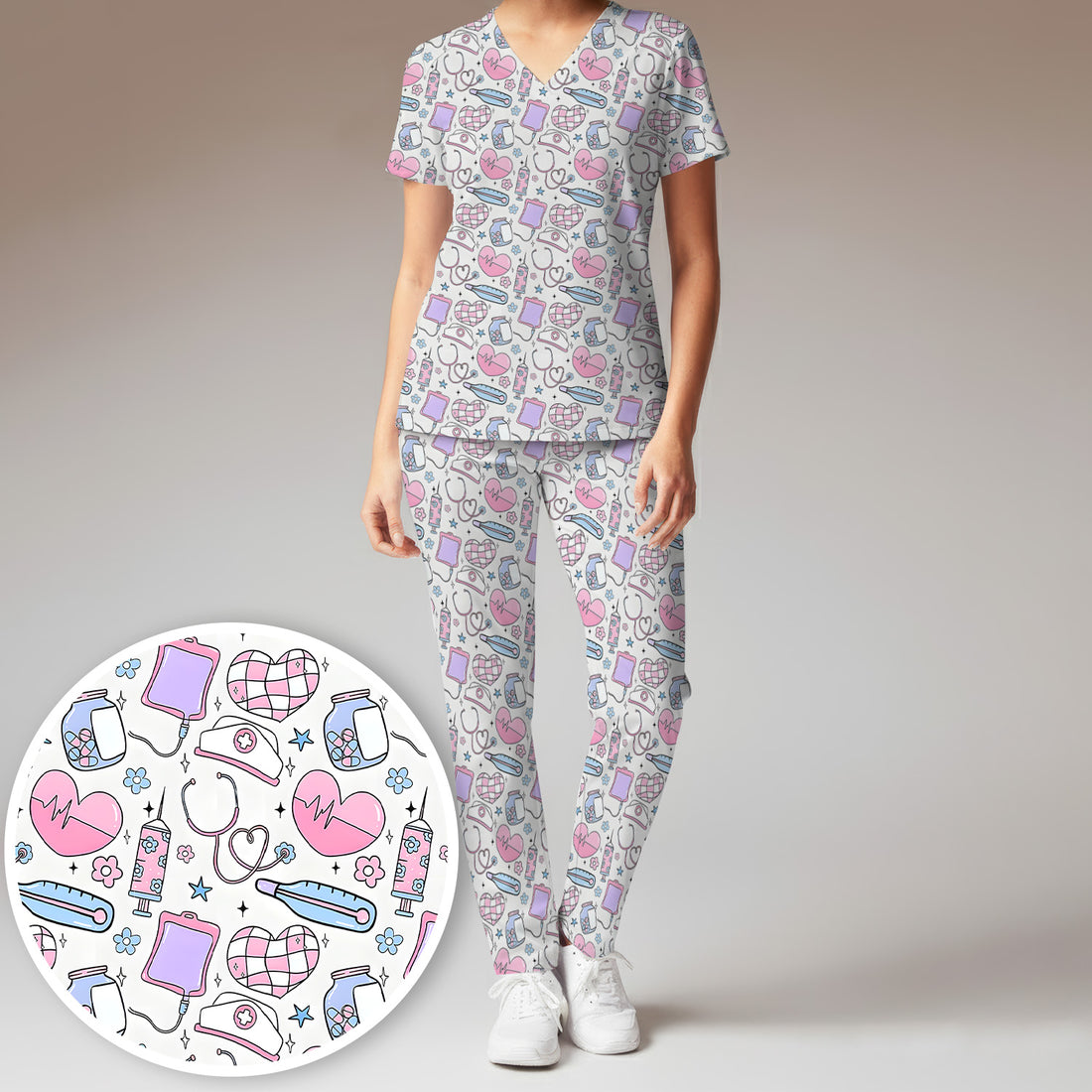 Cute Pastel Medical Icons Pattern Scrub Set, Scrub Pants and V Neck Top