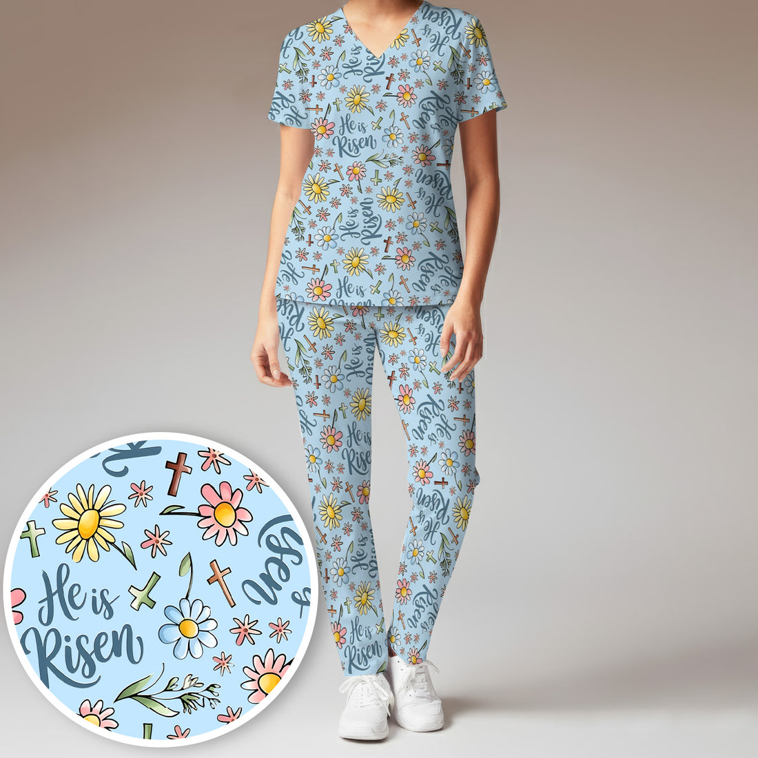 He Is Risen Cross Flower Pattern Scrub Set, Nurse Uniform Scrubs Set