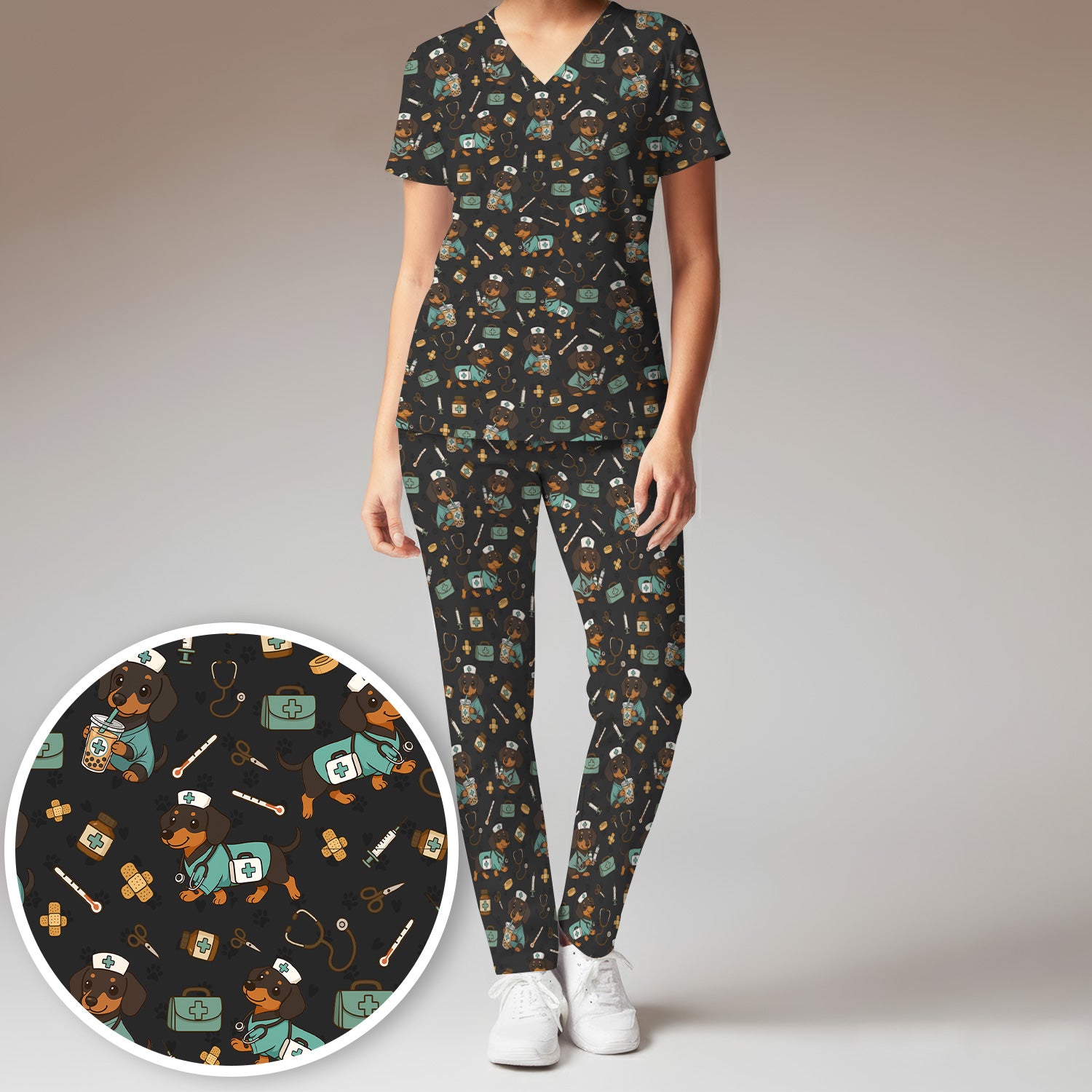 Funny Dachshund Nurse Scrubs Set - Cute Dog Print Medical Shirt - Holiday Nurse Scrub Top Gift for RN CNA Doctor, Women & Men