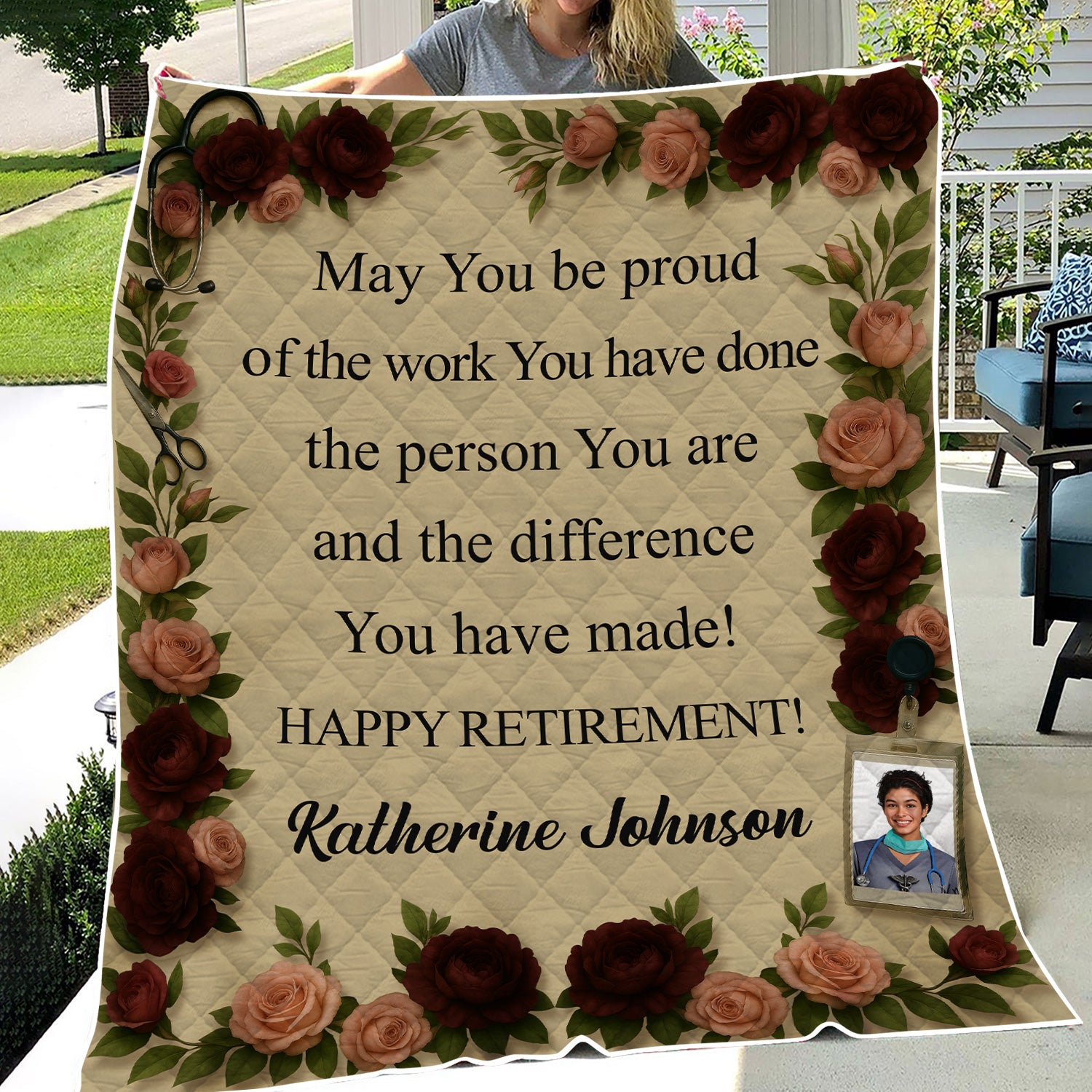 Custom Retirement Blanket with Name & Photo - Floral Border with Inspirational Quote - Gift for Nurse, RN, LPN, Medical Staff