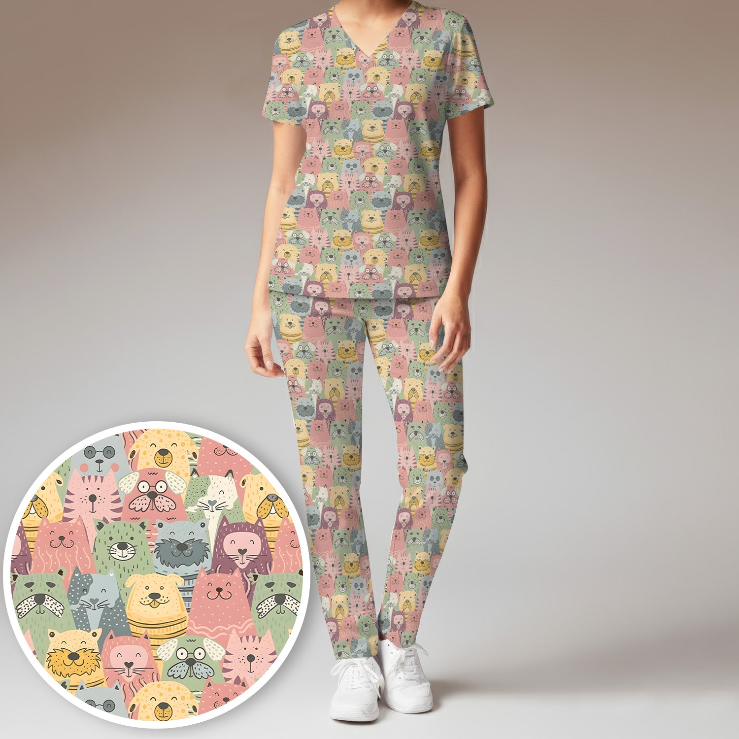 Cartoon Cat & Dog Faces Pattern Scrub Set, Scrub Pants and V Neck Top