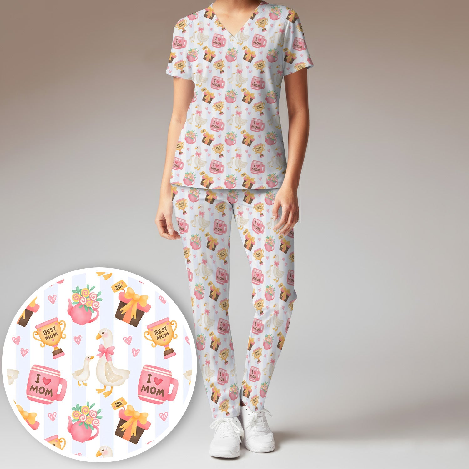Sweet Nurse Mom Goose Gift Trophy Pattern Scrub Set, Scrub Pants and V Neck Top