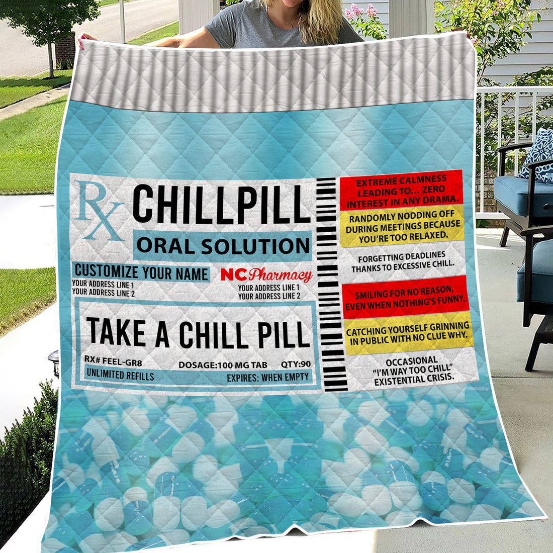 Personalized Funny Chill Pill Blanket for Nurses - Prescription Label Design with Custom Name - Hilarious Gift for RN LPN Doctors