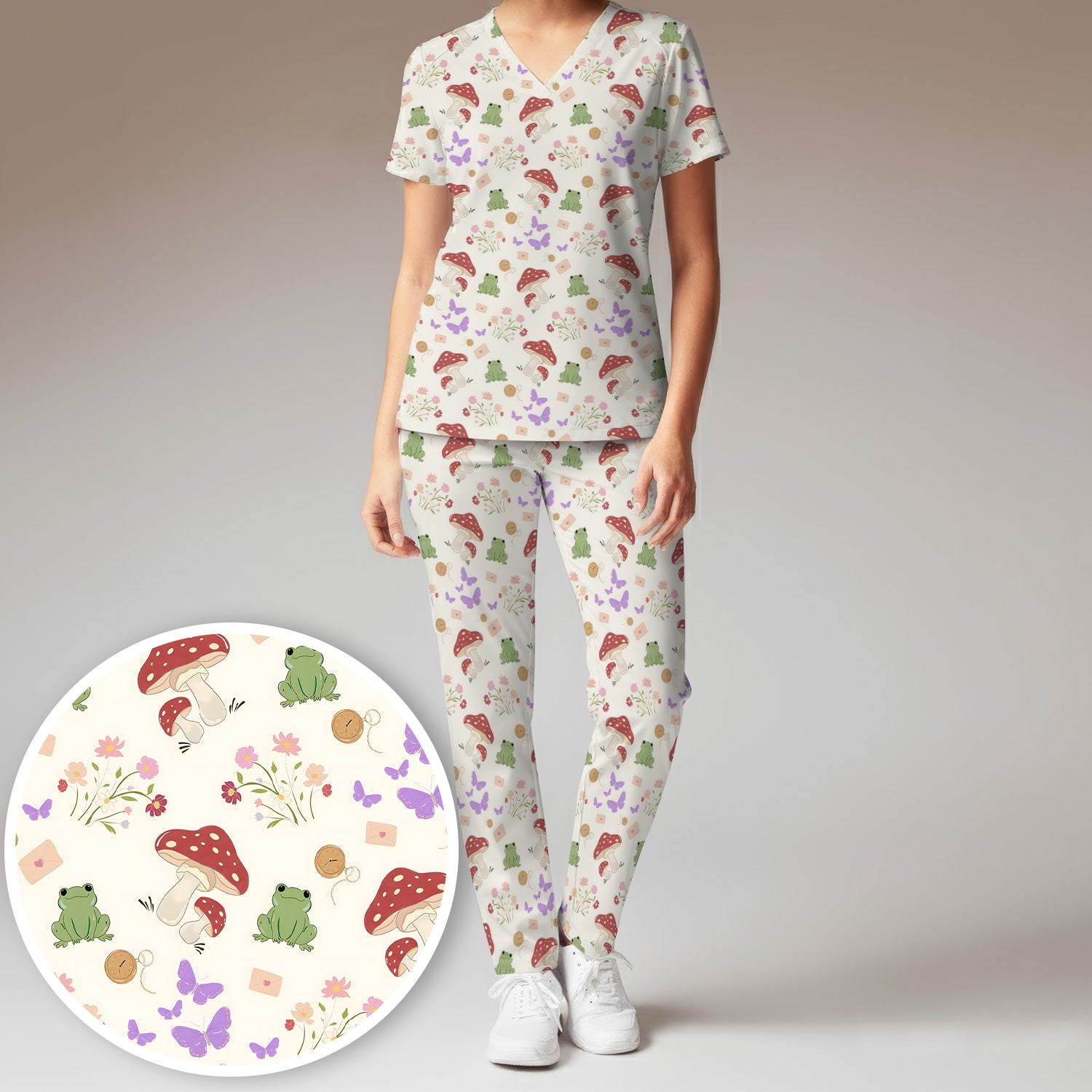 Adorable Nurse Frog and Mushroom Garden Print Scrub Set, Scrub Pants and V Neck Top