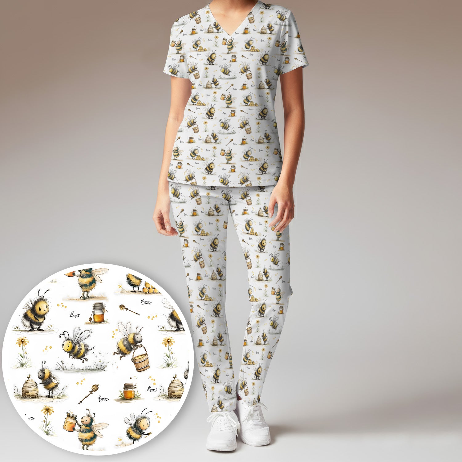 Cute Honey Bee Jar Garden Pattern Scrub Set, Scrub Pants and V Neck Top