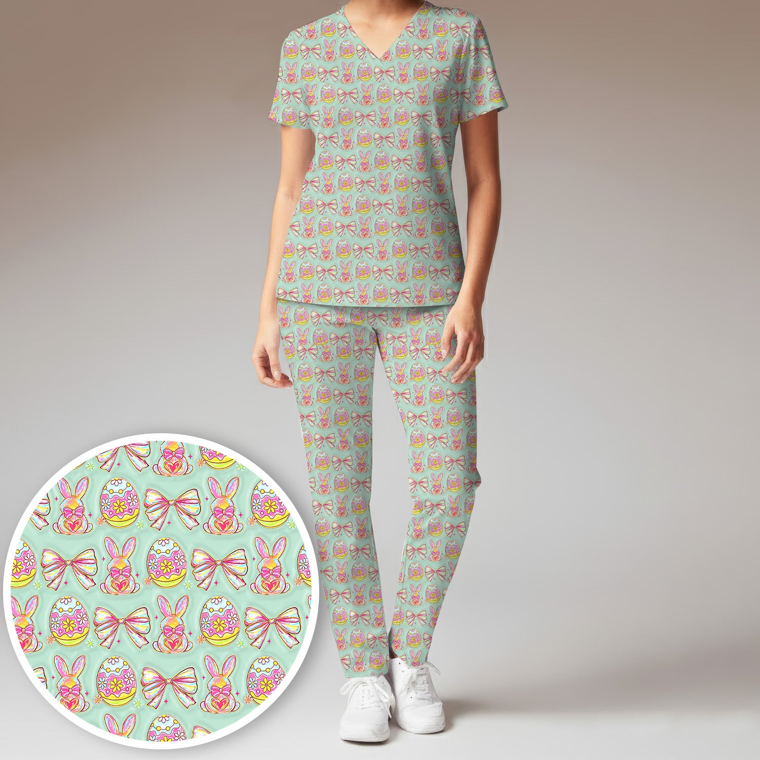 Easter Bunny Pastel Egg Bow Pattern Scrub Set, Breathable Med Uniform
