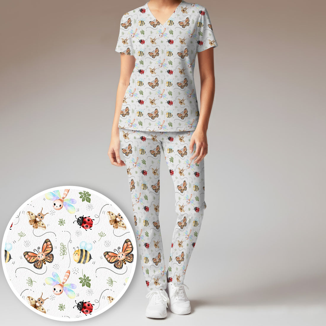 Colorful Garden Insect Pattern Scrub Set, Scrub Pants and V Neck Top