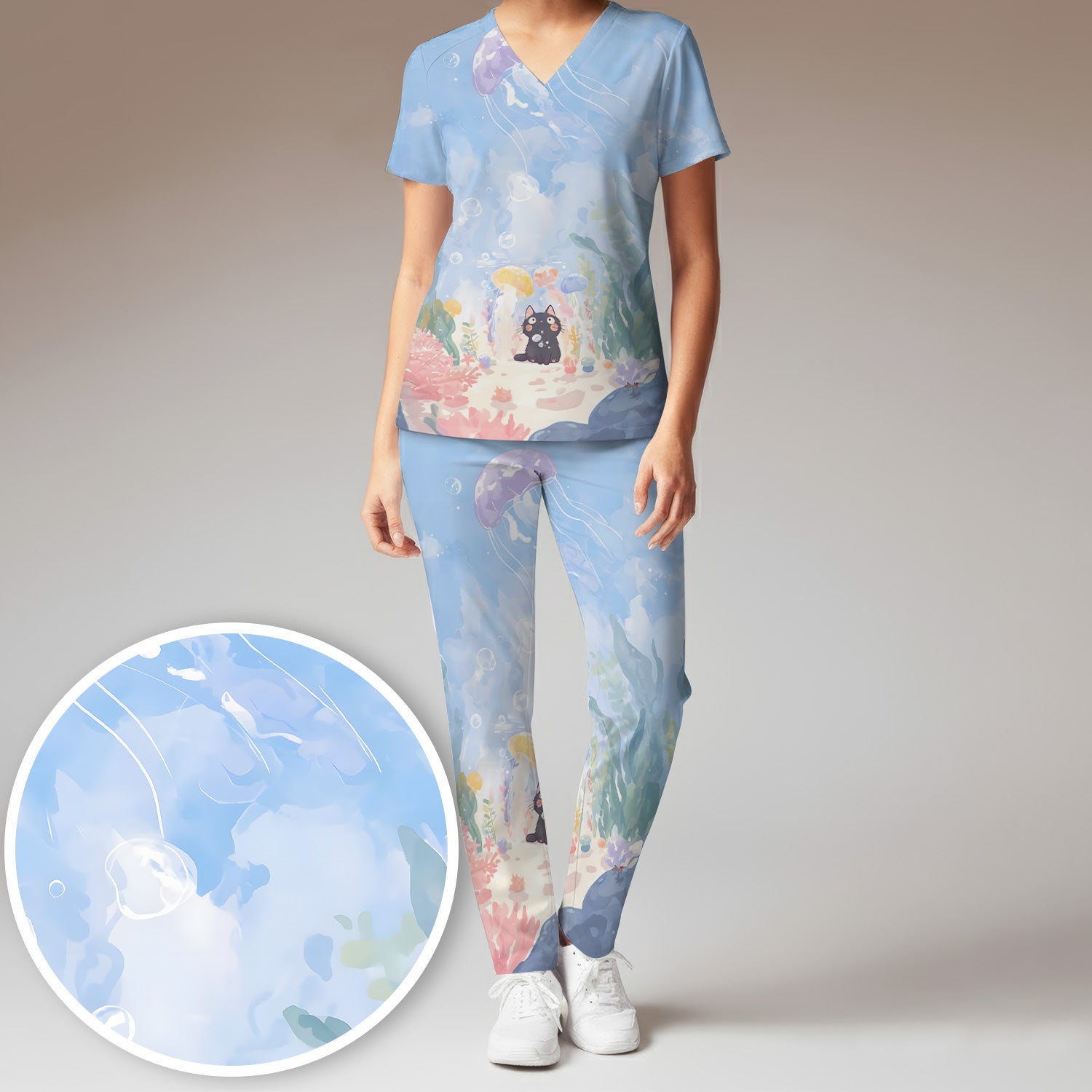Cute Underwater Black Cat Jellyfish Pattern Scrub Set, Scrub Pants and V Neck Top