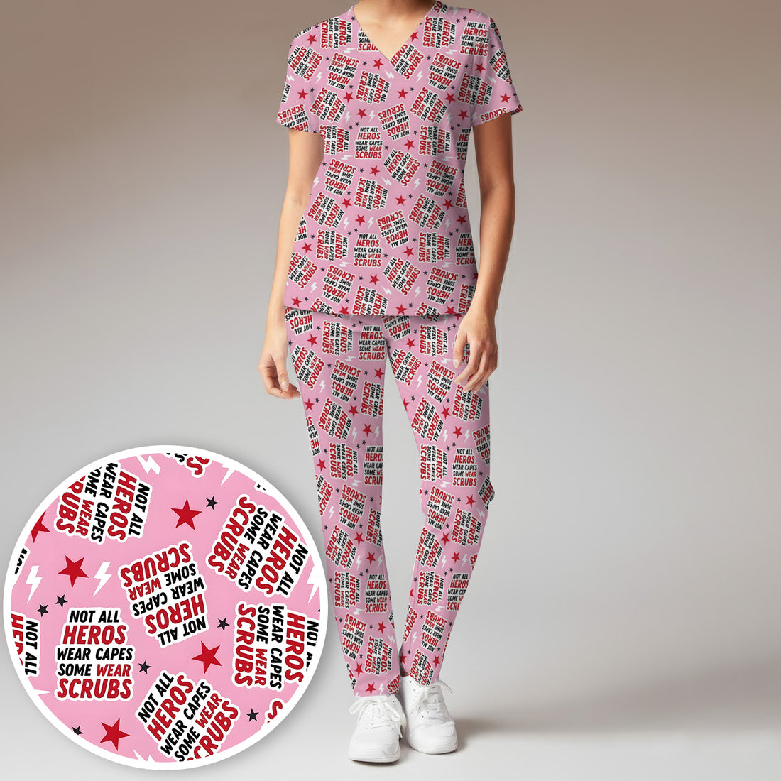 Not All Heroes Wear Scrubs Quote Stars Lightning Pattern Scrub Set, Scrub Pants and V Neck Top