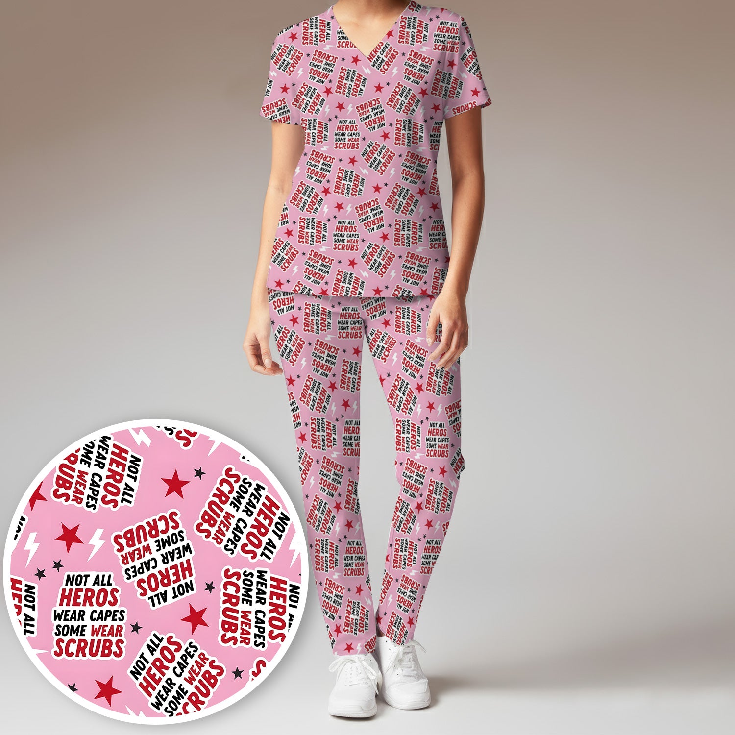Not All Heroes Wear Scrubs Quote Stars Lightning Pattern Scrub Set, Scrub Pants and V Neck Top